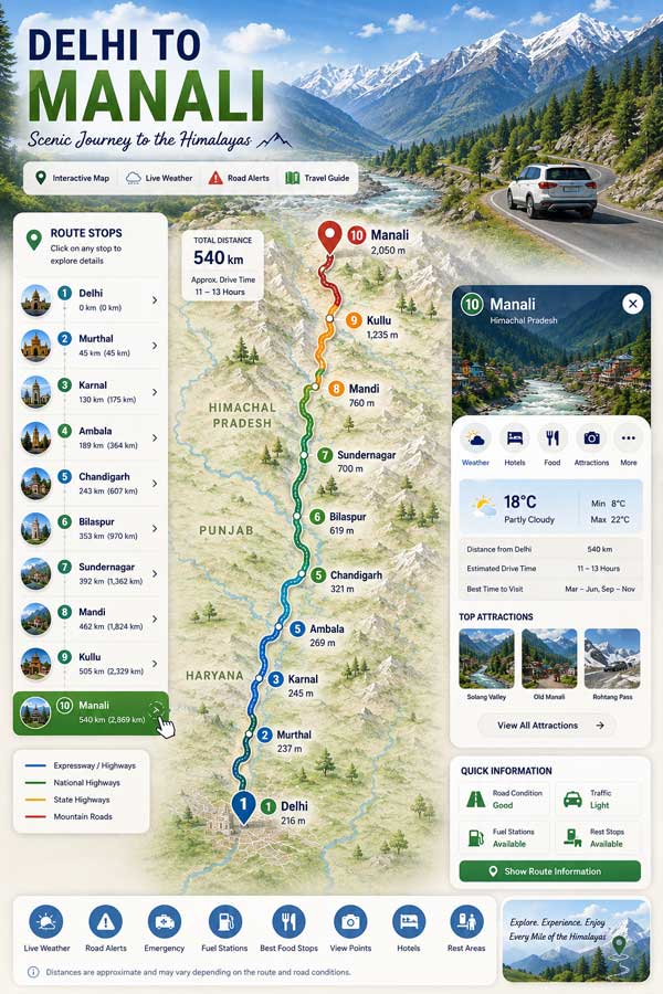 Delhi to Manali Route Map